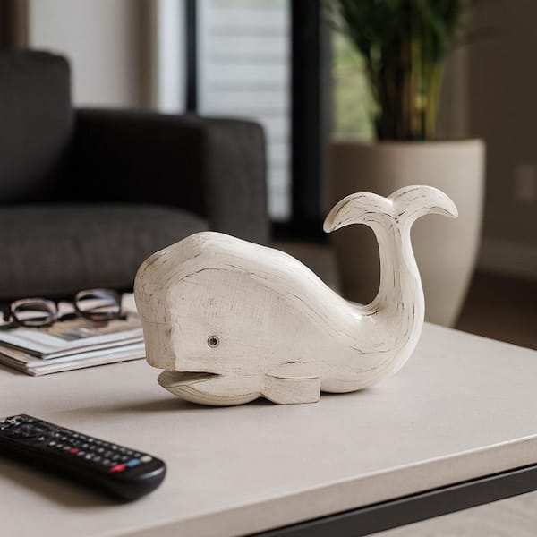 Liv & Skye White 15 in. x 9 in. Wood Whale Figurine 19004 - The