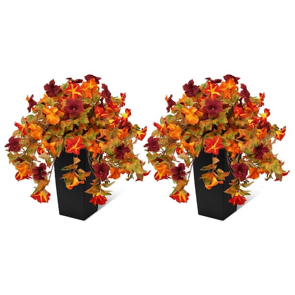 24 in. Fall Artificial Flowers w/Planter Multi-Colored Artificial Petunia Faux Plants, Indoor Outdoor Decor (Set of 2)