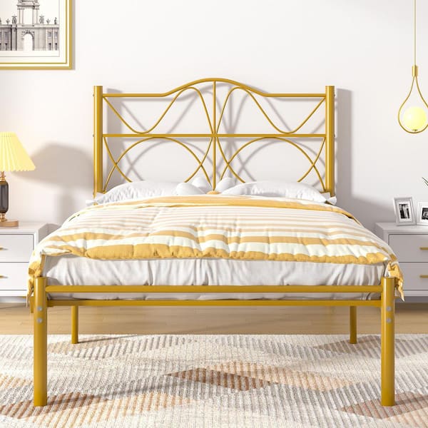 Metal Bed Frame with Headboard, Platform Bed Frame Twin, Sturdy Steel Slats Support, Storage Bed Frame, Gold