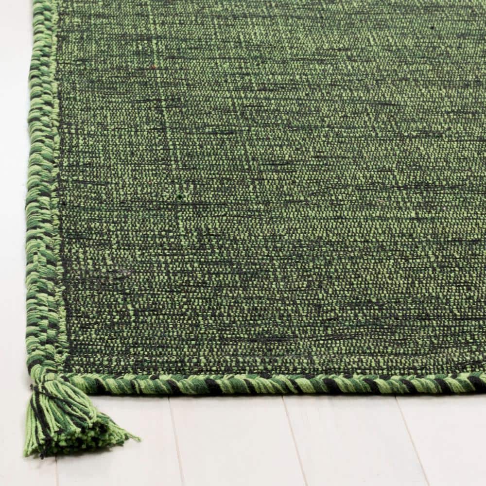 Handmade Green and Black Cotton Flat Woven Reversible Rug, 2' x 3'