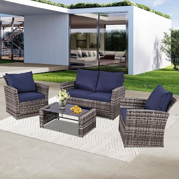 Unbranded Gray 4-Piece Wicker Outdoor Sofa Sectional Set Conversation Set with Blue Cushions and Tempered Glass Table