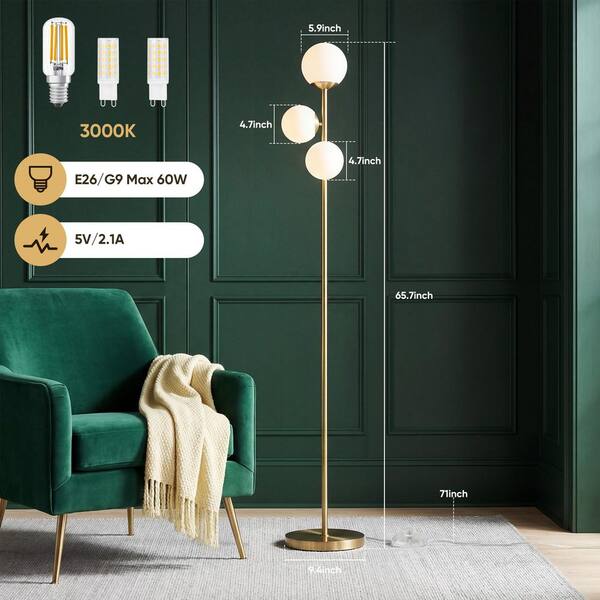 ROTTOGOON 65.7 in. Gold Modern Globe 3-Light Tree Floor Lamp with