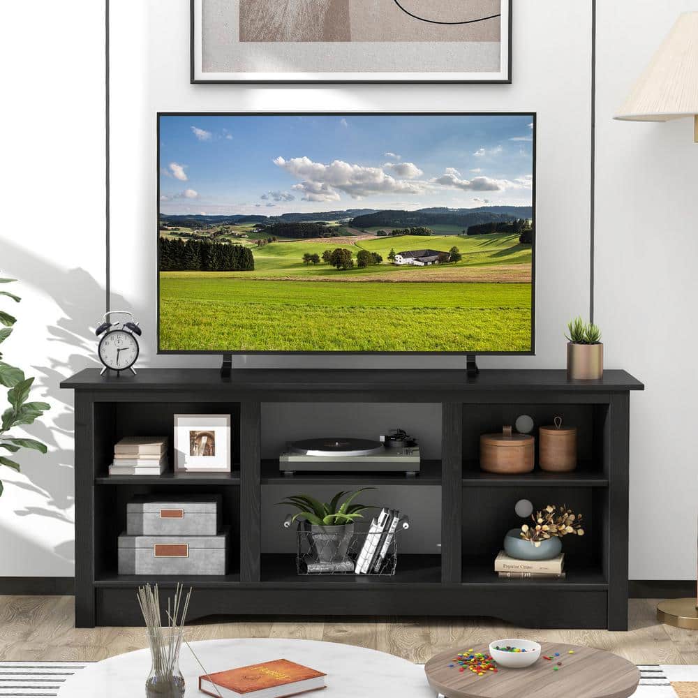 Black MDF TV Stand with Fireplace and Adjustable Shelves