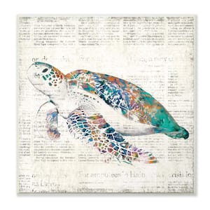 12 in. x 12 in." Multi Colored Sea Turtle on Aged Newspaper" by Main Line Art & Design Printed Wood Wall Art