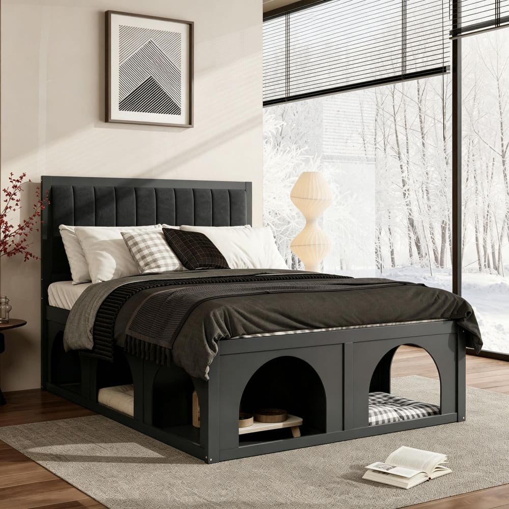 Harper & Bright Designs Black Wood Frame Queen Platform Bed with Built ...