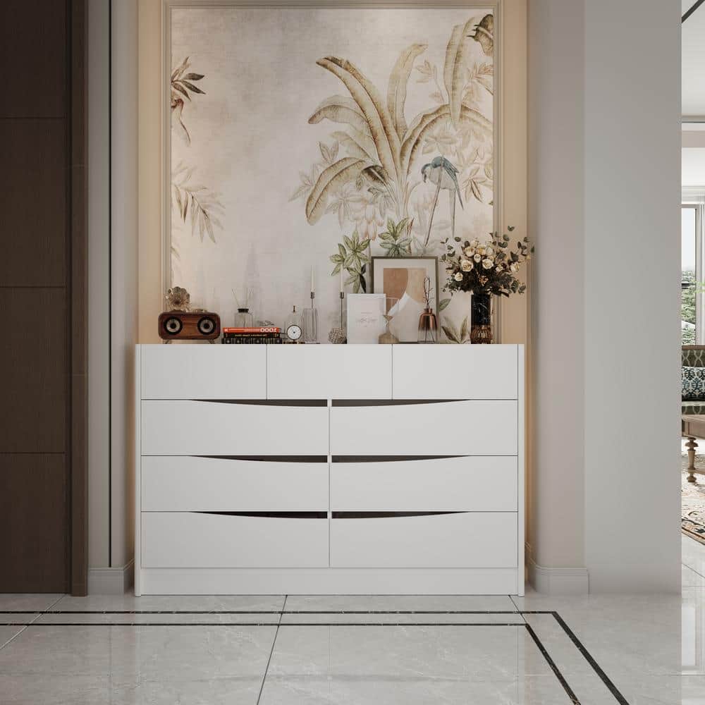 White Finished 9 Drawers 55.1 in. Wooden Chest of Drawers, Dresser, Storage Cabinet, Sideboard with Glass Top Surface price history on PriceWatchPro