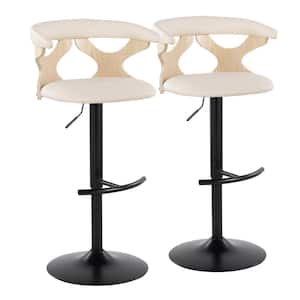 Gardenia 32.5 in. Cream Faux Leather, Natural Wood and Black Metal Adjustable Bar Stool (Set of 2)