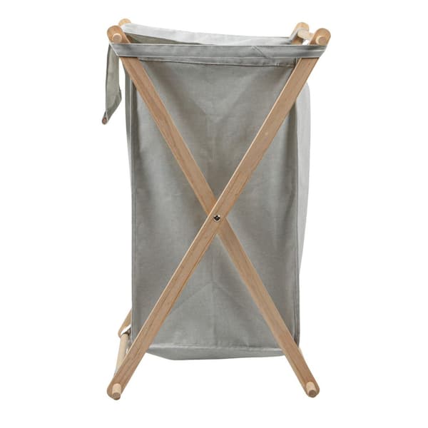 Natural Gray, Collapsible, Polycotton, X-Frame Wood Laundry Hamper, Folding Wood Frame