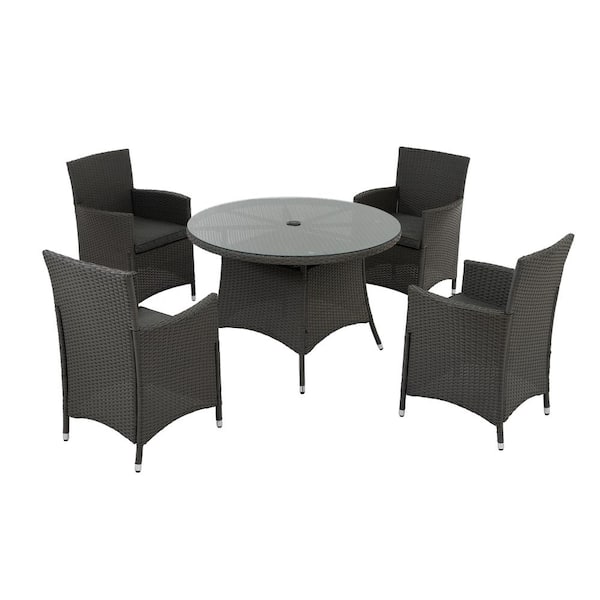 Unbranded 5-Piece Wicker Outdoor Dining Set, Patio Dining Table and Chairs with Grey Cushions, with Umbrella Cutout, for Porch