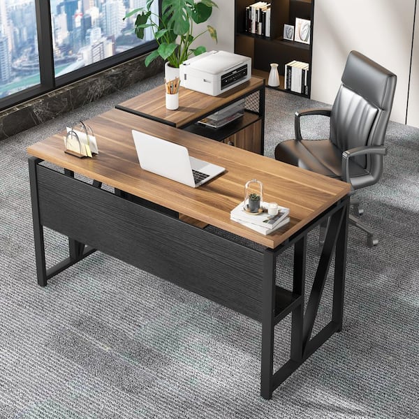 Lanita 55.1 in L Shaped Desk Brown Engineered Wood 2 Drawer Computer Desk with File Cabinet