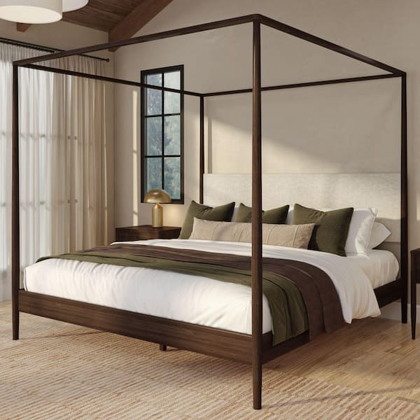 Harbor Dark Brown Wood Frame King Canopy Bed with Upholstered Headboard