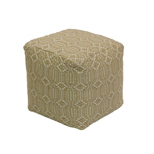 16 in. Polyester Hand-Woven Pouf Ottoman, Sand, Geometric Pattern