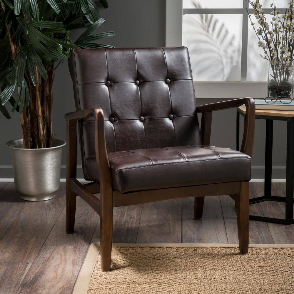 Handcrafted Brown Faux Leather Square Arm Club Chair