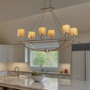 36 in. Transitional to Modern Oil-Rubbed Bronze 6-Light Chandelier with Warm Fabric Shades for Dining Room