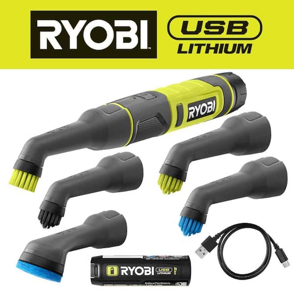 USB Lithium Cordless Compact Detail Scrubber Kit w/ 2Ah Battery, Charging Cable, & 2PC Soft/Medium Grout Bristle Brush