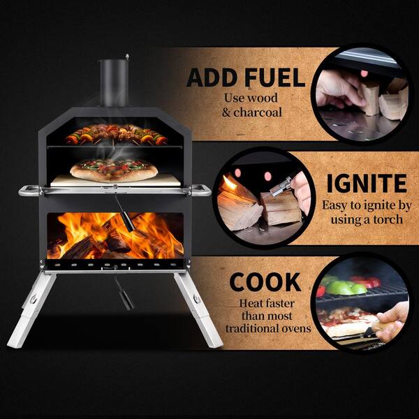 Pizzello Outdoor Pizza Oven Wood Burning for Cooking 2 Pizzas Outside Pizza Maker with Pizza Stone, Pizza Peel, Cover - Black + Silver