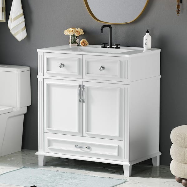Staykiwi 30 in. W x 18 in. D x 34 in. H Single Sink Freestanding Bath Vanity in White with White Ceramic Top