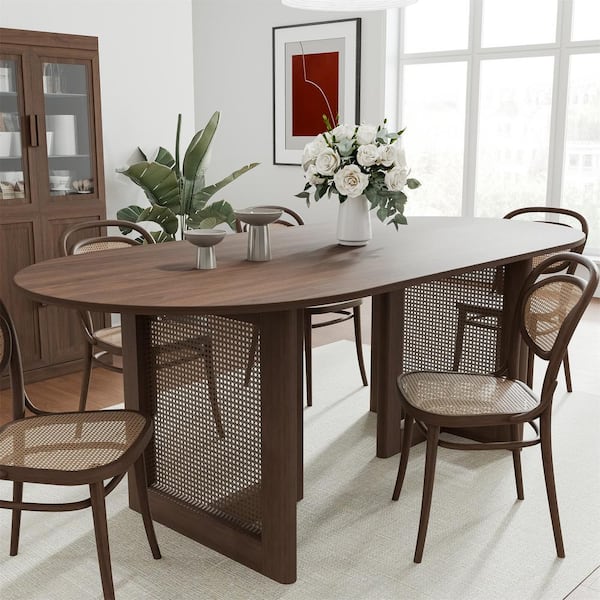 Oval Walnut Wood 67 in. Double Pedestal Dining Table Seats 6