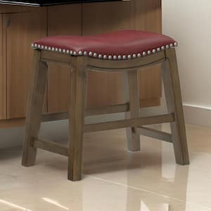 20 in. Red and Brown Low Back Wooden Dining Stool with Faux Leather Seat