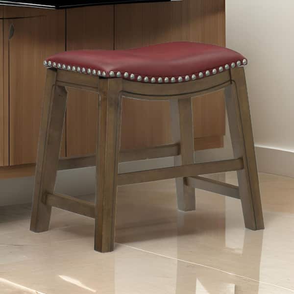 Benjara 20 in. Red and Brown Low Back Wooden Dining Stool with Faux Leather Seat