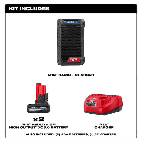 M12 12V Lithium-Ion Cordless Bluetooth/AM/FM Jobsite Radio with M12 XC 5.0 Ah Battery (2-Pack) Starter Kit and Charger