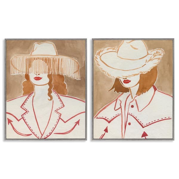 Stupell Industries Boho Cowgirls in Hats by Grace Popp 2 Pieces Gray Framed People Giclee Art Print 14 in. x 11 in.