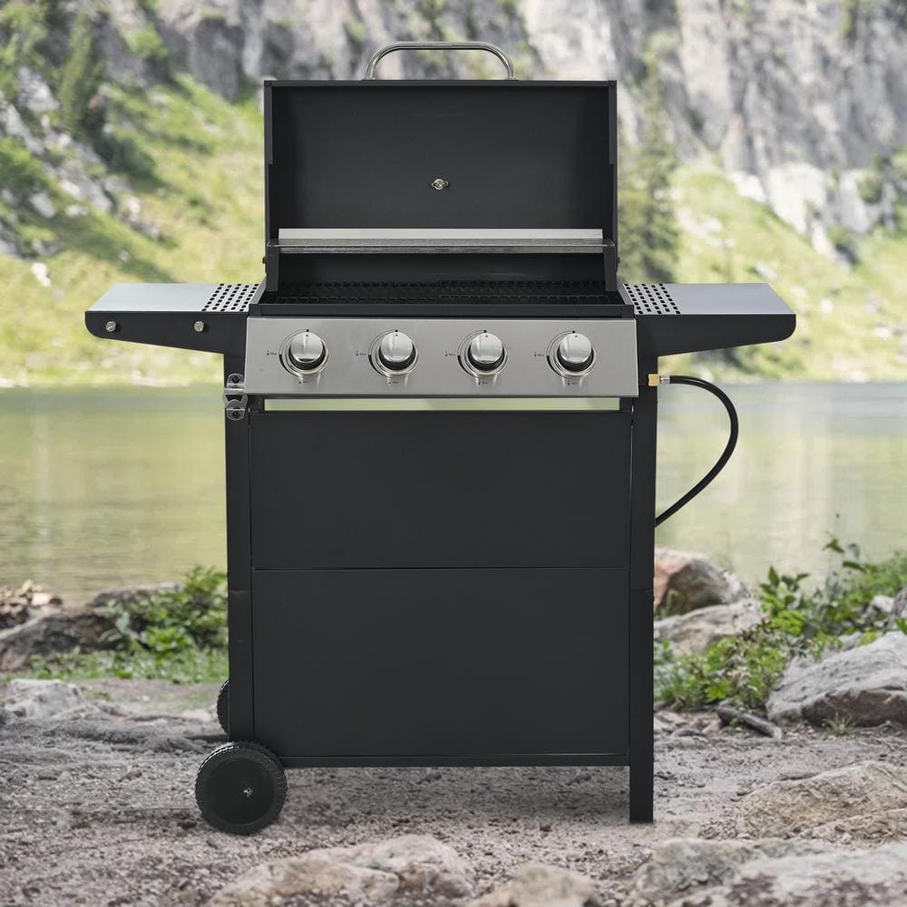 Black Stainless Steel 4-Burner Propane Gas Grill with Side Burner