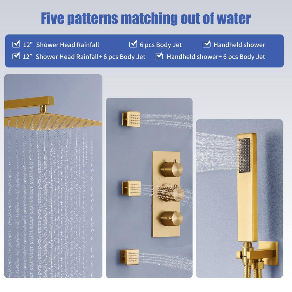 Brushed Gold Dual Square Wall Mounted Shower System with Body Jets