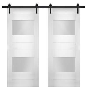 84 in. x 84 in. Single Panel White Solid MDF Sliding Doors with Double Barn Black Hardware