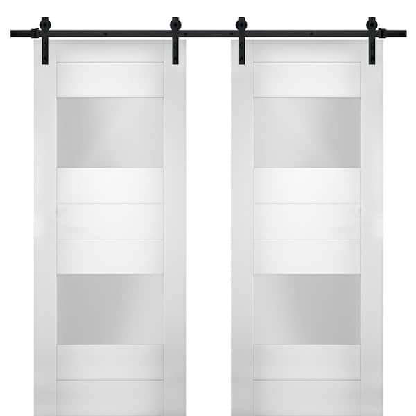VDOMDOORS 60 in. x 84 in. Single Panel White Solid MDF Barn Door Slab with Double Barn Black Hardware