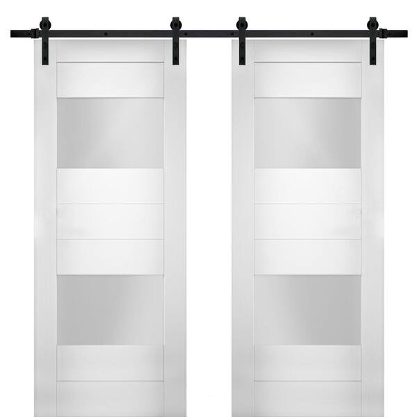 VDOMDOORS 36 in. x 84 in. Single Panel White Solid MDF Sliding Doors with Double Barn Black Hardware