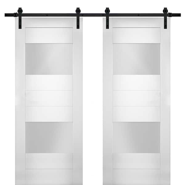 VDOMDOORS 64 in. x 96 in. Single Panel White Solid MDF Sliding Doors with Double Barn Black Hardware