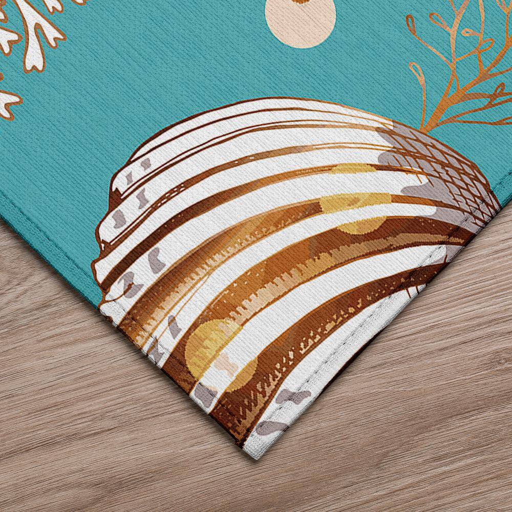 Aqua Coastal Seashells Flat Woven Chenille 5' x 7' Rug