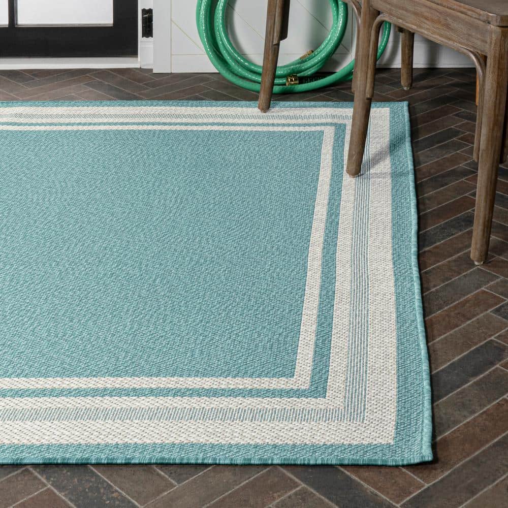 Aqua and Beige 3' x 5' Modern Stripe Synthetic Indoor/Outdoor Rug