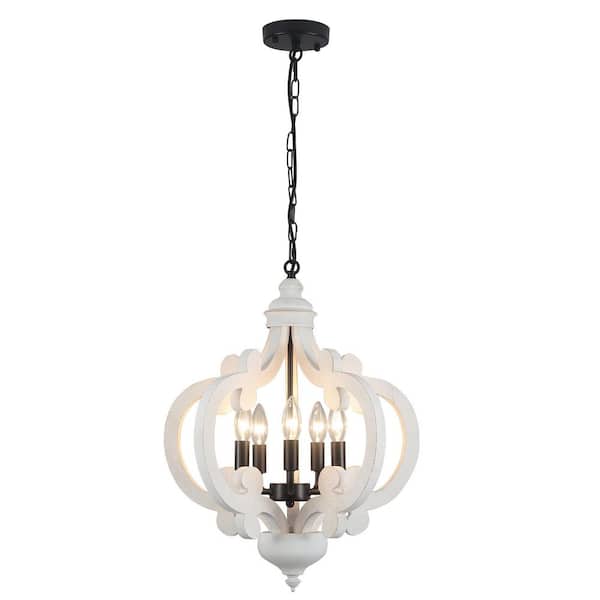 5-Light Black and White Rustic Wooden Linear Island Hanging Chandelier Light Fixture for Kitchen Island