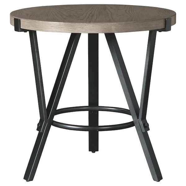 Benjara 24.25 in. Gray and Black Round Wood End Table with Open Geometric Metal Base