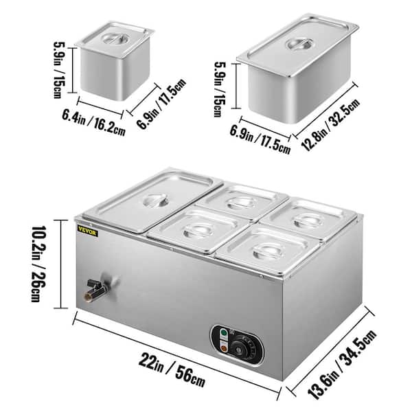 VEVORbrand 6-Pan Commercial Food Warmer, 1200W Electric Steam Table  15cm/6inch Deep, Professional Stainless Steel Buffet Bain Marie 42 Quart  Capacity for Catering and Restaurants 