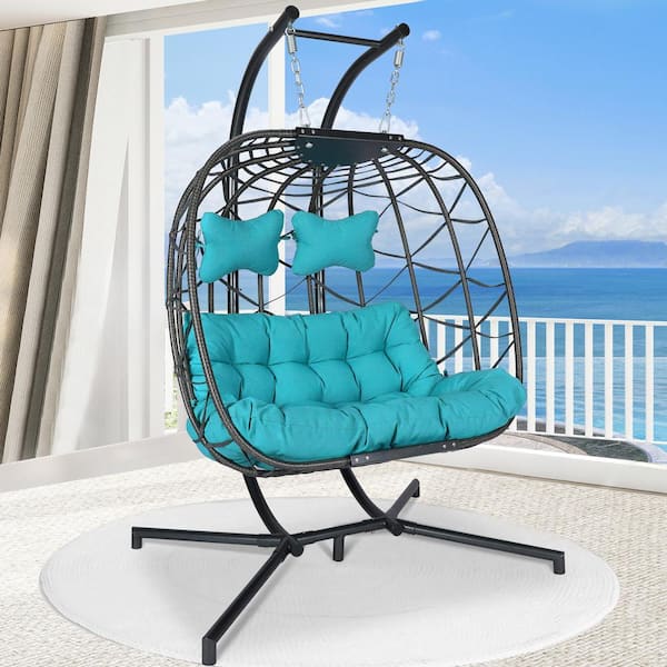 NICESOUL Extra Large Gray Wicker Double Seat Patio Swing Hanging Egg Chair With Black Stand and Turquoise Cushions