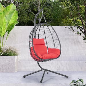 Outdoor Indoor Egg Chair with Stand and Red Cushion PE Wicker Patio Chair Swing Chair Lounge Hanging Basket Chair