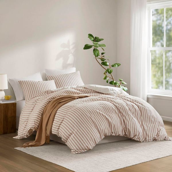 Unbranded 3-Pieces Queen Stripe Pattern Cotton Blend Duvet Cover Set Terracotta Linen-Cotton-Rayon