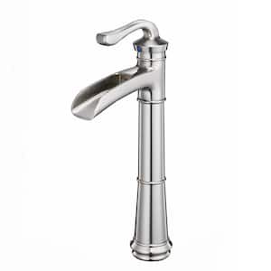 Single-Handle Waterfall Single-Hole Bathroom Vessel Sink Faucet in Brushed Nickel