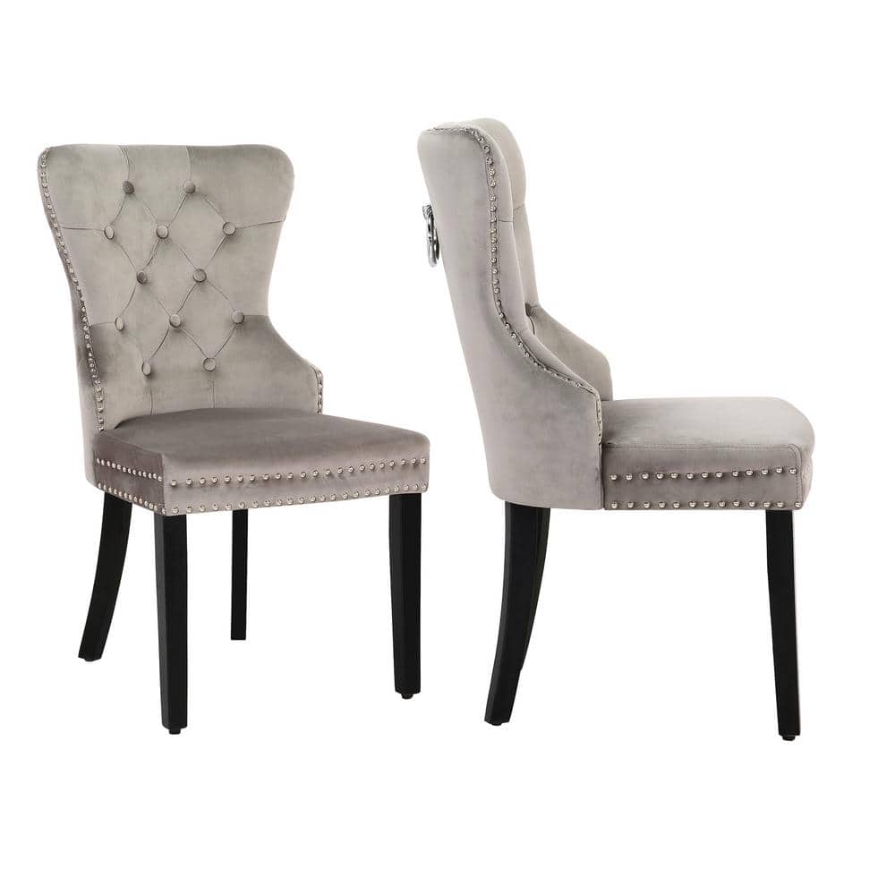 Elegant Gray Velvet Upholstered Dining Side Chair with Nailhead Trim
