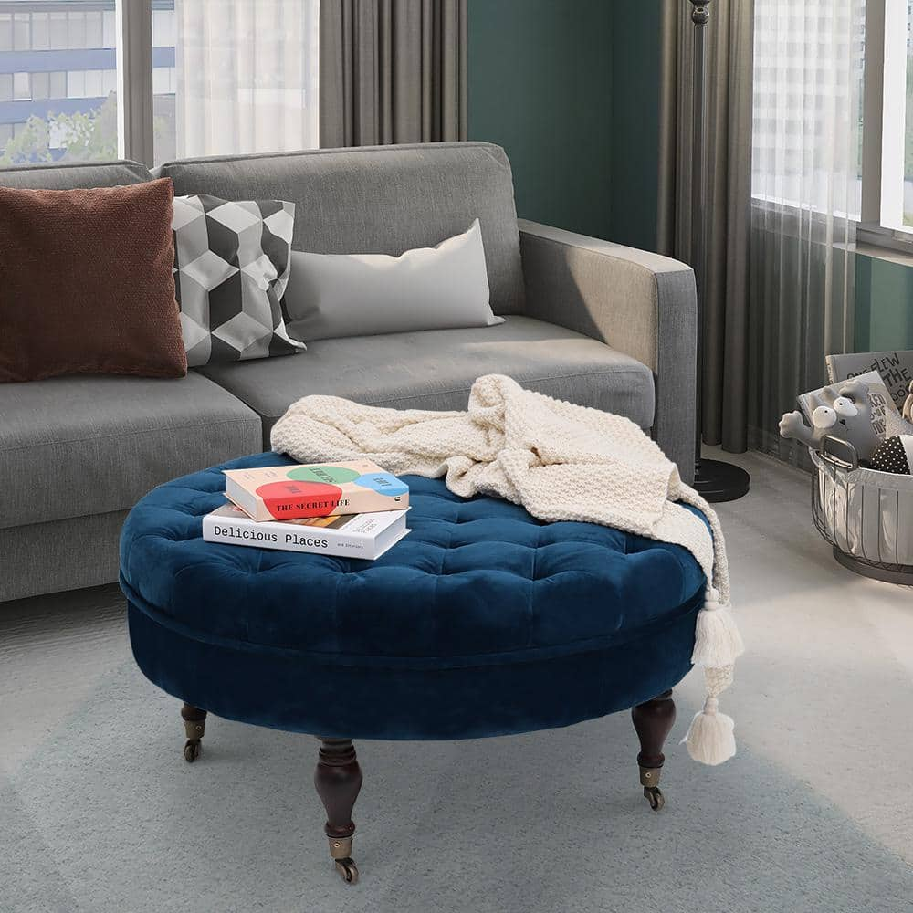 Maypex 33 in. Navy Velvet Fabric Upholstered Tufted Round Cocktail ...