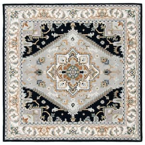 Heritage Gray/Navy 8 ft. x 8 ft. Border Floral Medallion Square Area Rug