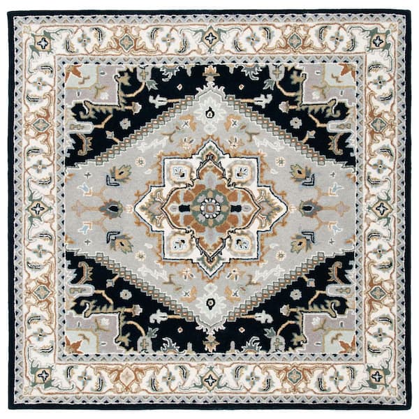 SAFAVIEH Heritage Gray/Navy 8 ft. x 8 ft. Border Floral Medallion Square Area Rug