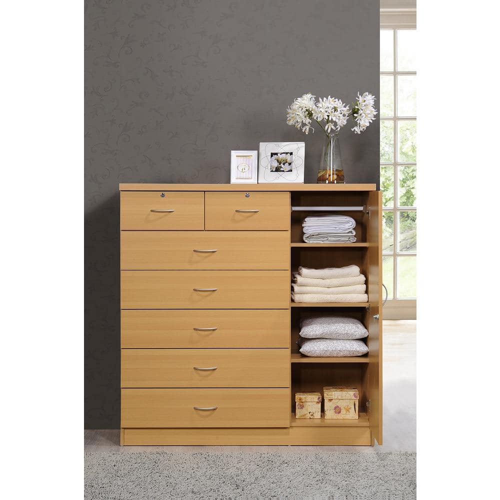 Beech 7-Drawer Chest with Locking Door and Shelves
