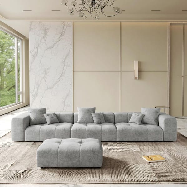 Magic Home 144 in. Oversized Square Arm Linen L-Shaped Modular Sectional Sofa 3-Seater with Ottoman in. Gray