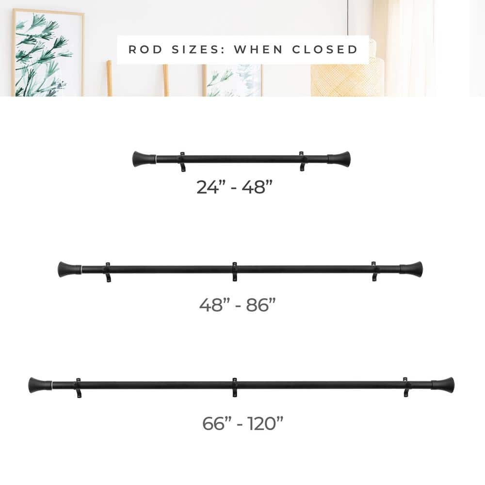 Adjustable Black Steel Curtain Rod with Decorative Finials, 48-86 inches