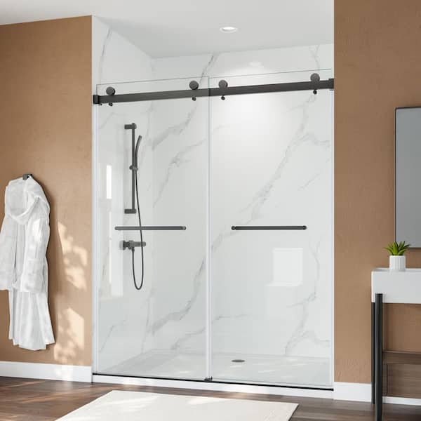 56 to 60 in. W x 75 in. H Double Sliding Frameless Shower Door in Matte Black Finish with Clear Glass
