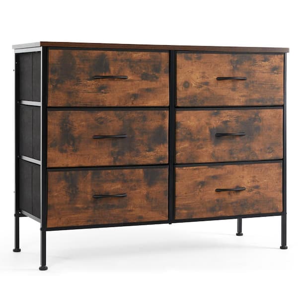 FIRNEWST Rust 38.2 in. W 6-Drawer Dresser with Fabric Bins and Steel Frame Storage Organizer Chest of Drawers